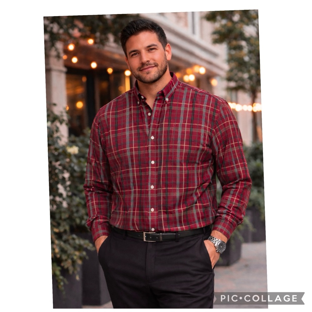 T. HARRIS LONDON PLAID COTTON TEXTURED DRESS SHIRT - Picture 1 of 4